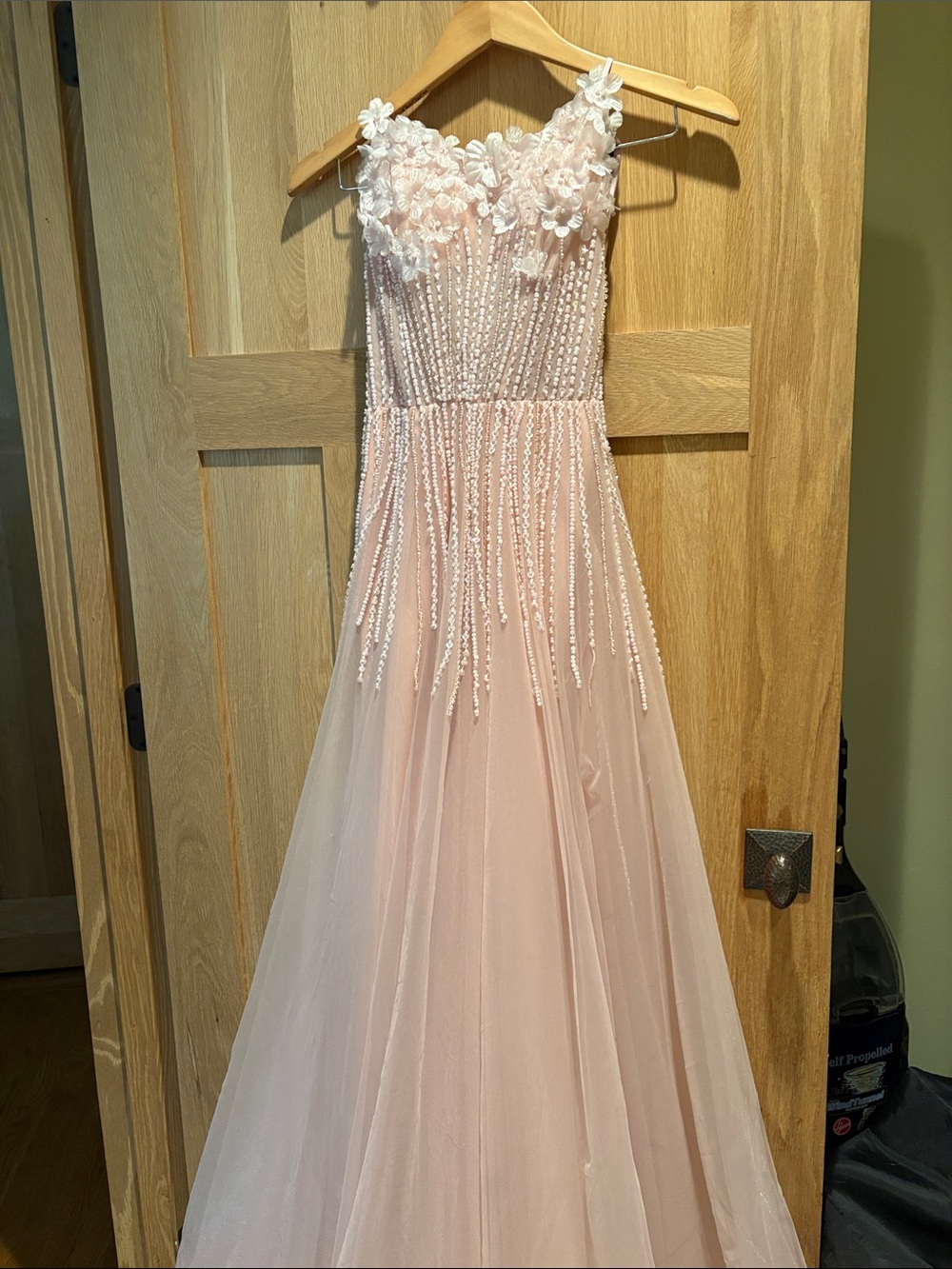 Custom made Embellished Floral Applique Light Pink Tulle Gown